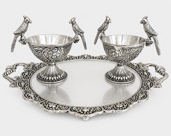 German Silver Bird Bowls with Ornate Tray | Traditional Indian Décor Set