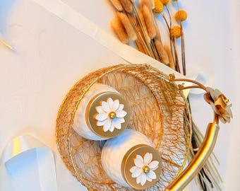 Hand-Hammered Gold Wire Basket Set with White Floral Jars | Artisan Home Decor