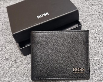 Hugo Boss Monist Leather Wallet & Card Holder Set, Black Bifold Men’s Wallet, Luxury Gift Box