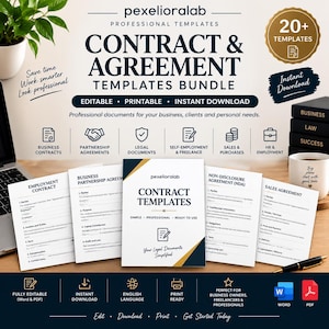 Peut inclure: Un ensemble numérique de modèles de contrats et d'accords professionnels comprenant divers types de documents tels que des contrats de travail, des accords de partenariat et des NDA. Inclut des fichiers Word et PDF éditables avec texte.