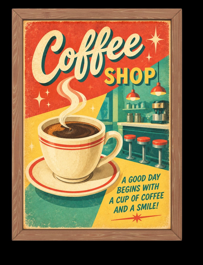 May include: A framed poster featuring a steaming cup of coffee on a saucer. The background depicts a coffee shop interior with red stools and counters. The text reads: Coffee SHOP, A GOOD DAY BEGINS WITH A CUP OF COFFEE AND A SMILE! in bold letters.