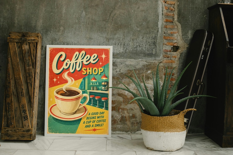 May include: A rectangular poster featuring a graphic illustration of a steaming cup of coffee on a saucer. The text reads Coffee Shop and A good day begins with a cup of coffee and a smile. The color palette includes red, yellow, teal, and cream.