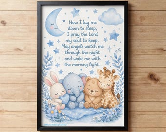 Lámina para habitación de bebé niño / Decoración de pared con la oración de la noche / Póster infantil con animales azules