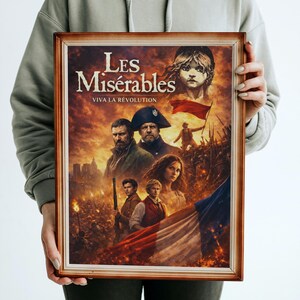 May include: Framed poster for "Les Misérables" with a brown wooden frame. The artwork shows characters, a French flag, and the text "Les Misérables" and "Viva la Révolution." The poster's design is dramatic.