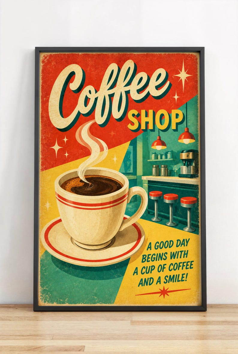 May include: A framed poster featuring a coffee shop theme with a steaming cup of coffee in the foreground. The text reads Coffee SHOP and A GOOD DAY BEGINS WITH A CUP OF COFFEE AND A SMILE! The background shows a diner counter with red stools.