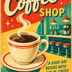May include: A vintage-style poster featuring a steaming cup of coffee on a saucer. The text reads Coffee SHOP and A GOOD DAY BEGINS WITH A CUP OF COFFEE AND A SMILE! The background depicts a diner interior with red stools, a counter, and lamps.