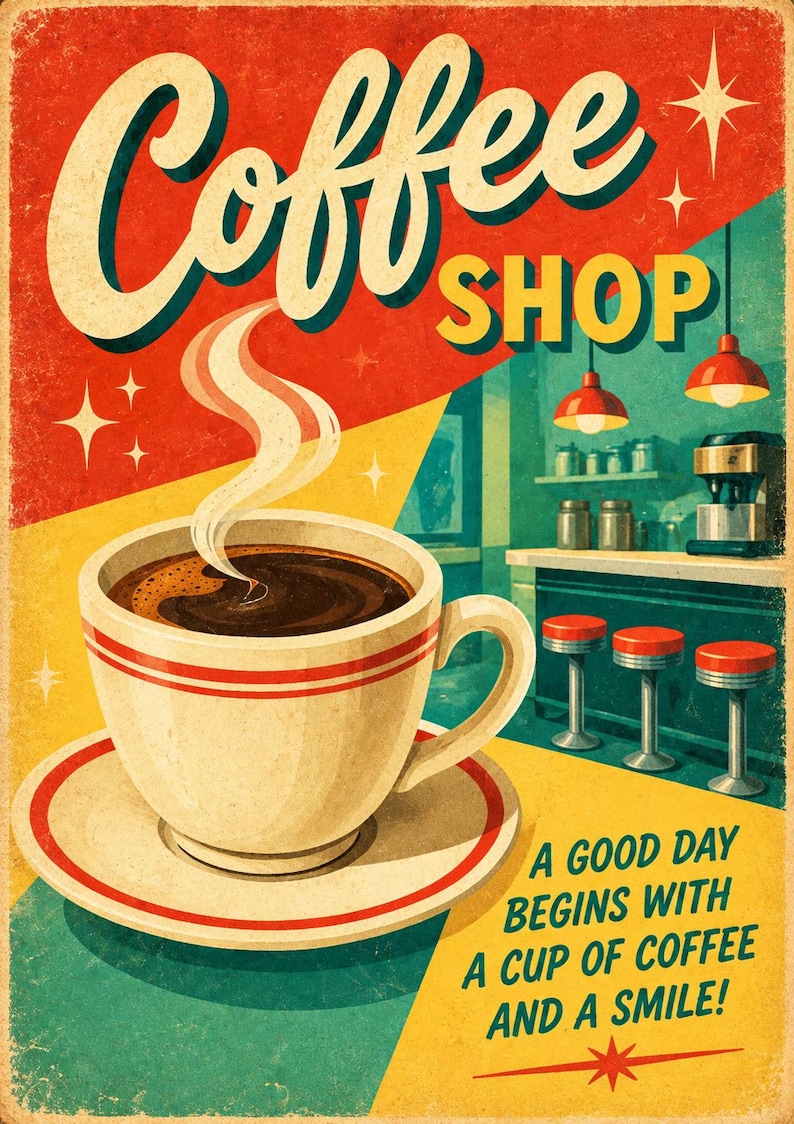 May include: A vintage-style poster featuring a steaming cup of coffee on a saucer. The text reads Coffee SHOP and A GOOD DAY BEGINS WITH A CUP OF COFFEE AND A SMILE! The background depicts a diner interior with red stools, a counter, and lamps.