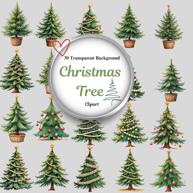 30 Christmas Tree PNG Clipart Bundle, Watercolor Evergreen Tree Art ...
