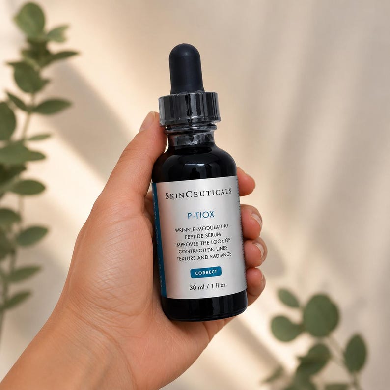 Może przedstawiać: Ciemnoniebieska szklana butelka serum peptydowego przeciwzmarszczkowego Skinceuticals P-Tiox. Butelka ma czarny zakraplacz i białą etykietę z informacjami o produkcie. Butelka zawiera 30 ml serum.