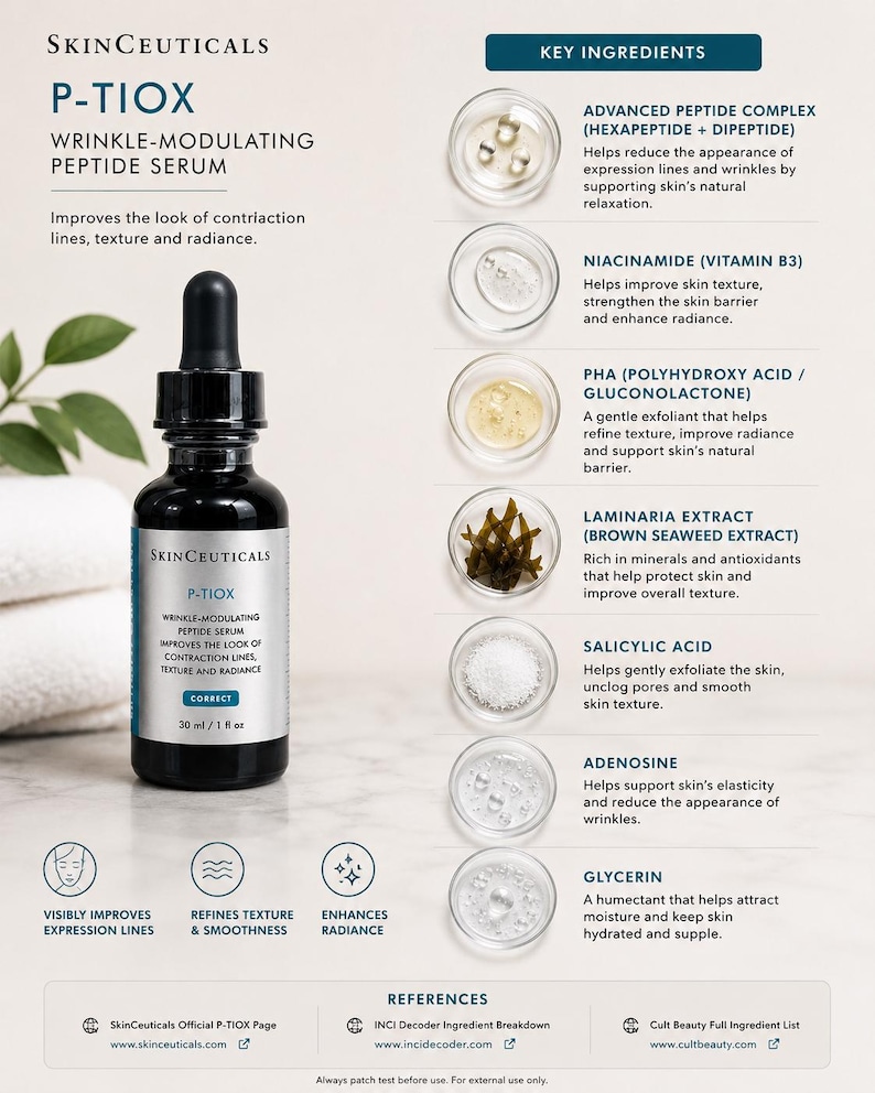 Może przedstawiać: Czarna butelka serum peptydowego SkinCeuticals P-TIOX z pipetą, 30 ml. Etykieta podkreśla kluczowe składniki i korzyści, takie jak poprawa tekstury sk&oacute;ry i redukcja zmarszczek. Obraz przedstawia r&oacute;wnież kluczowe składniki.