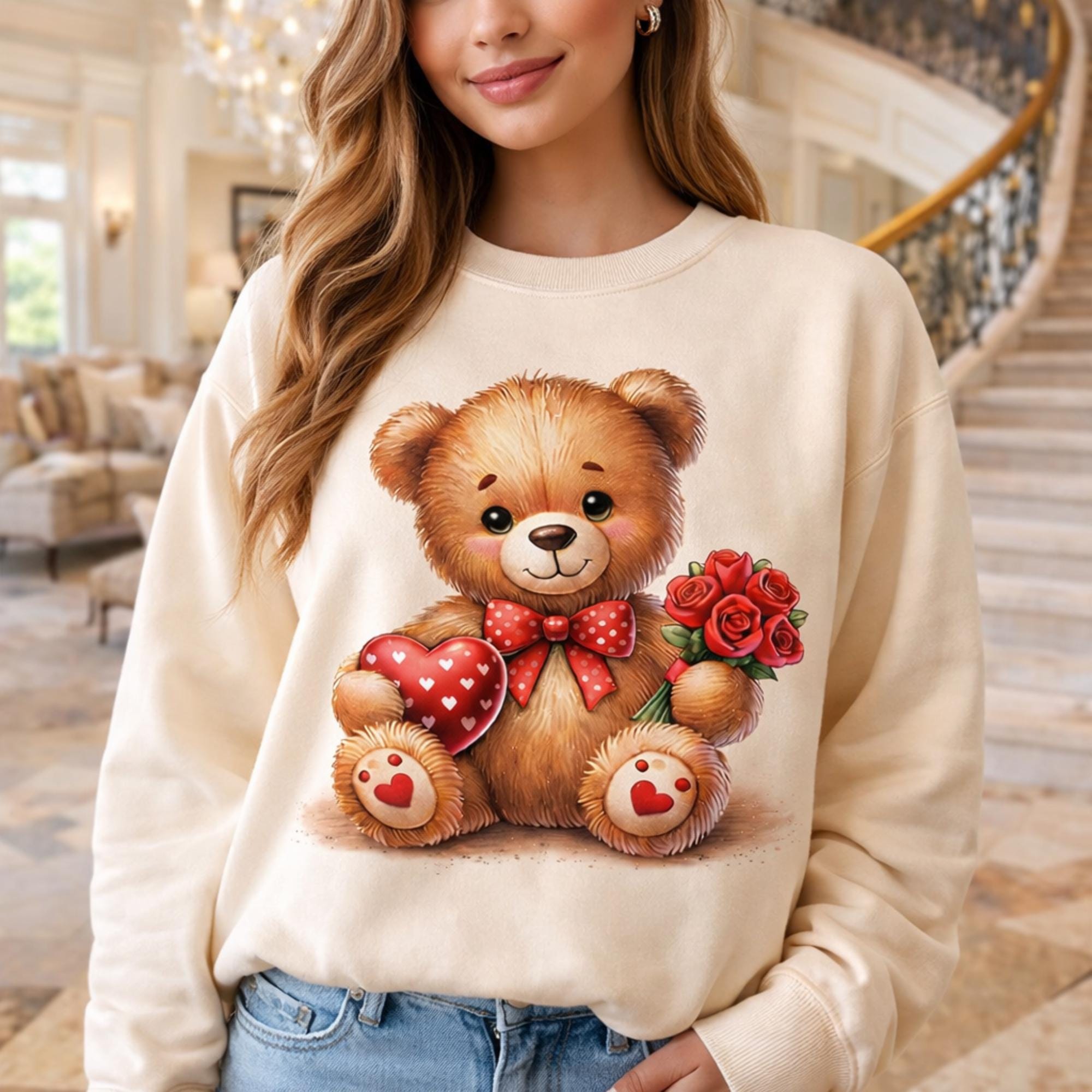 Valentine Teddy Bear PNG, Cute Love Bear With Heart & Roses, Romantic ...