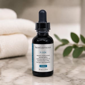 Może przedstawiać: Ciemna szklana butelka serum peptydowego SkinCeuticals P-TIOX. Butelka ma czarny zakraplacz i białą etykietę z niebieskimi akcentami. Etykieta zawiera tekst "POPRAWIA WYGLĄD ZMARSZCZEK, STRUKTURY I BLASKU". Butelka zawiera 30 ml serum.