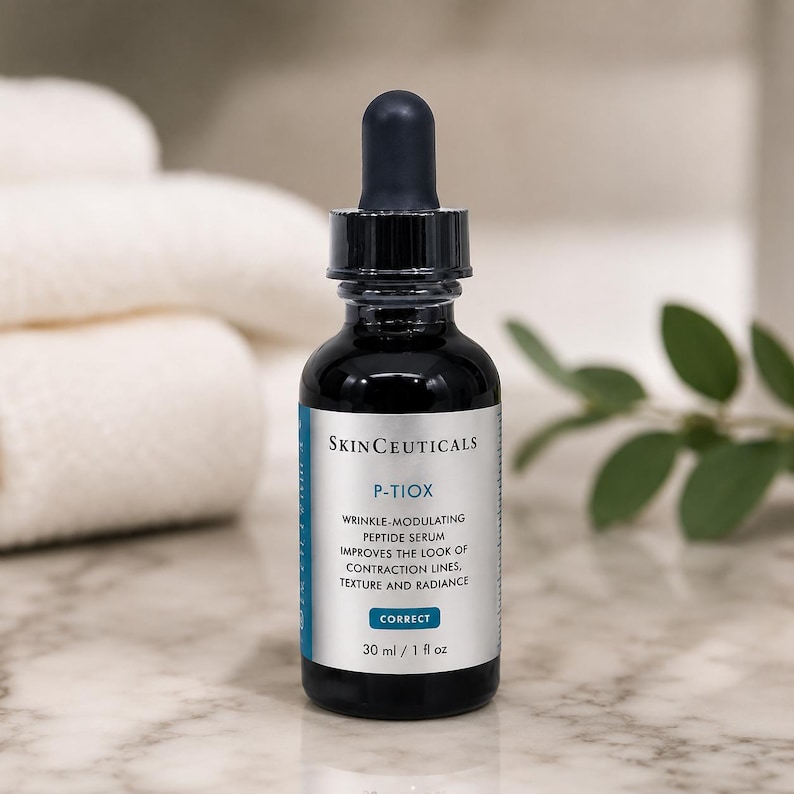 Może przedstawiać: Ciemna szklana butelka serum peptydowego SkinCeuticals P-TIOX. Butelka ma czarny zakraplacz i białą etykietę z niebieskimi akcentami. Etykieta zawiera tekst "POPRAWIA WYGLĄD ZMARSZCZEK, STRUKTURY I BLASKU". Butelka zawiera 30 ml serum.