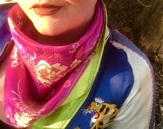 READY TO SHIP-Hot Pink/Red/Gold Imported Silk Brocade-Snapback Bandana-Lime Green Satin Liner-Bandana-Scarf-Fancy Neck Swag