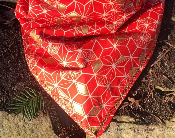 READY to SHIP-Japanese Asanoha Geometric Bandana-Unisex Snapback Bandana Scarf-Cotton-Bittersweet Red/Metallic Gold/Black-HEMP Leaf