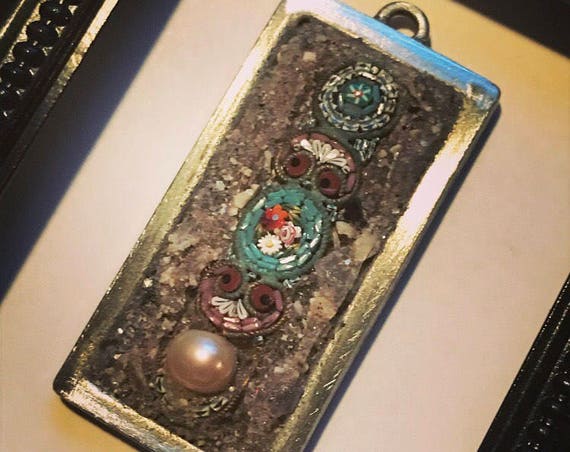READY TO SHIP-Vintage Italian Micro-Mosaic Art Pendant Necklace-Silver & Pastels-Pearl Necklace-Shabby Chic Jewelry
