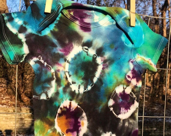 READY to SHIP-Polka Dot Tie Dyed Baby Onesie-Size 24 Months-Hand Dyed-Top Of The Line Pigments-Ready To Wear-Baby Shower-Hippie Baby Gift
