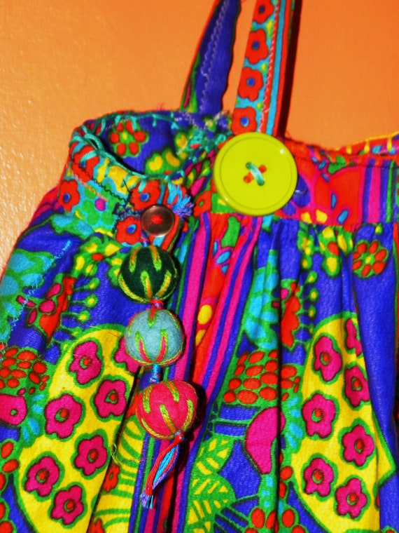 REVERSIBLE Up-Cycled DayGlo Tote/Purse with Secret Stash Pocket made with VINTAGE DayGlo Skirt, Felt and Giant Buttons