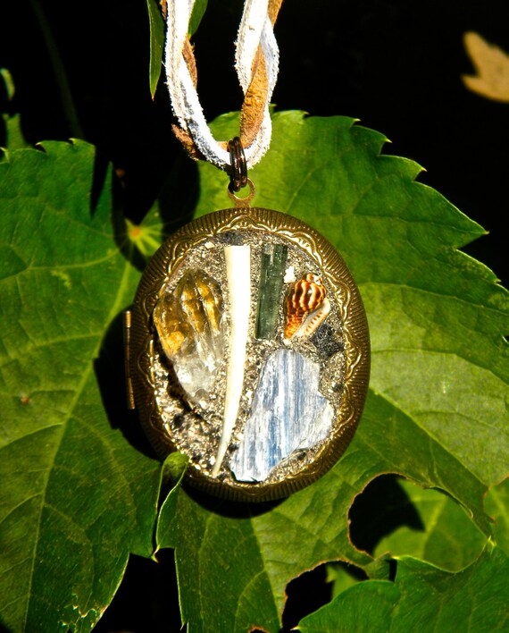 READY to SHIP-Crystal Locket Necklace-ANTIQUE Japanese Dentalium "Tusk Shell", Blue Kyanite, Snail Shell, Green Tourmaline, Crystal Quartz