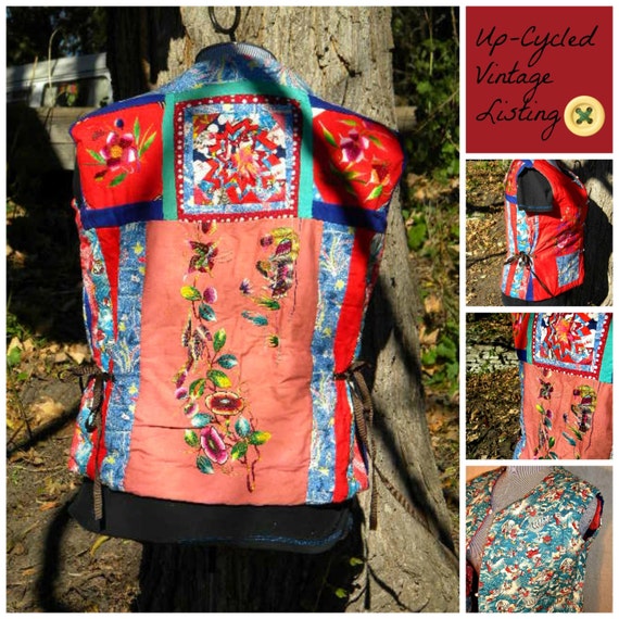 Up-Cycled VINTAGE HandMade Reversible Unisex "Snow White" 1970's Patchwork Quilt Vest with Side Ties