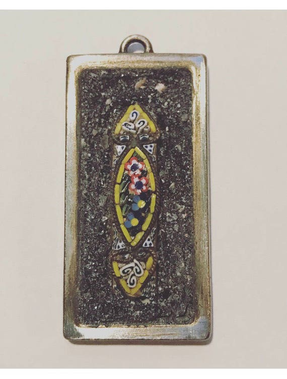 READY TO SHIP-Vintage Italian Micro-Mosaic Art Pendant-Bronze & Yellow-Pansy Print-Retro Floral Print-Shabby Chic Jewelry
