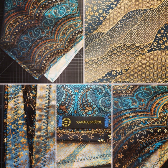 Made To Order-Fancy OG Paisley Bandana-Teal/Gold/Blue-Snapback Bandana-Metallic Gold Sacred Geometry-Handmade Unisex Neckware