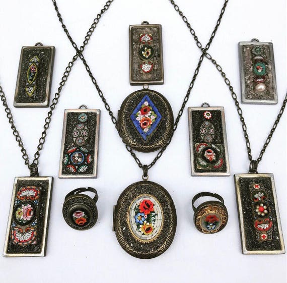 READY TO SHIP-Vintage Italian Micro-Mosaic Art Pendant Necklace-Silver & Bronze-Antique Rose-Starburst-Shabby Chic Jewelry