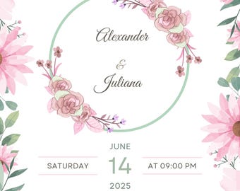 May include: A wedding invitation with a floral design. The invitation features the names "Alexander & Juliana" and the date "June 14, 2025". The design includes pink flowers and green leaves, with text in a delicate font.