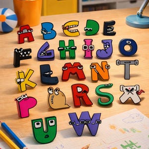 May include: A collection of colorful, cartoon-style alphabet letters arranged on a wooden surface. Each letter has a unique design and color, with some featuring expressive faces. Pencils and a drawing are also visible.