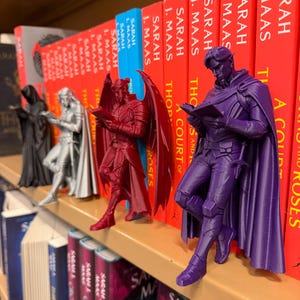 Könnte beinhalten: Auf einem Regal stehen Fantasy-Buchstützen in verschiedenen Farben, darunter Schwarz, Silber, Rot und Lila. Die Buchstützen sind Figuren von Charakteren, die Bücher lesen, vor einer Reihe von Büchern mit roten Buchrücken. Die Bücher sind von Sarah J. Maas.