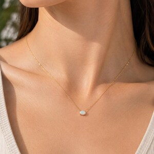 S925 Sterling Silver Oval Opal Necklace, Dainty White Opal Pendant, Minimalist Gold Necklace, Gift for Her