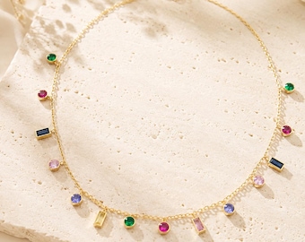 18K Gold Plated Stainless Steel Necklace, Multi Color Crystal Zircon Charm Choker, Dainty Stone Chain, Minimalist Jewelry Gift for Her