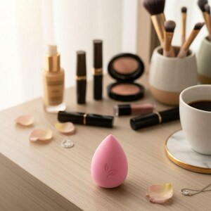 May include: A pink teardrop-shaped makeup sponge with a leaf logo is the focal point of a beauty product arrangement. Other items include makeup brushes, lipsticks, blush, foundation, and a cup of coffee. Rose petals and jewelry add decorative touches.
