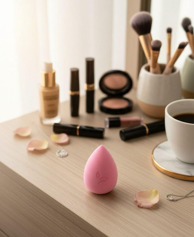 May include: A pink teardrop-shaped makeup sponge with a leaf logo is the focal point of a beauty product arrangement. Other items include makeup brushes, lipsticks, blush, foundation, and a cup of coffee. Rose petals and jewelry add decorative touches.