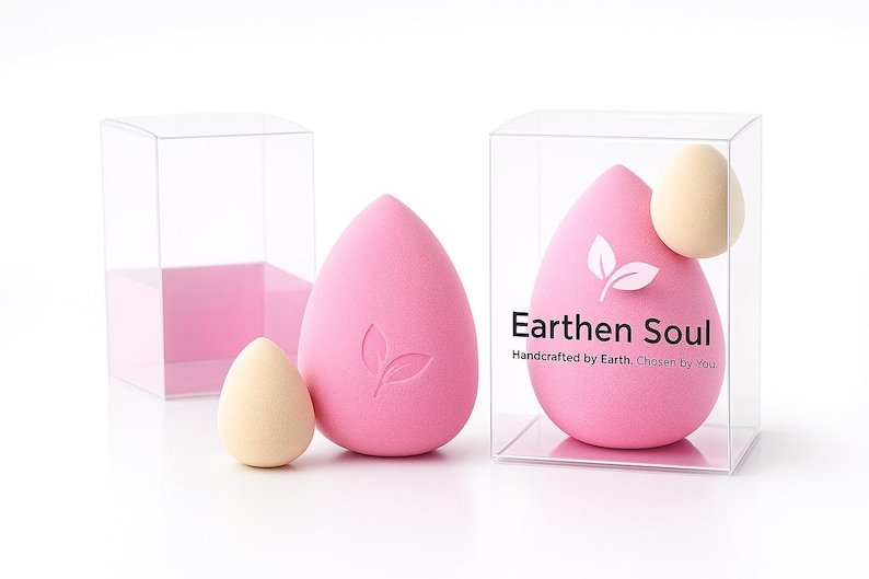 May include: Pink teardrop-shaped makeup sponges with a leaf design, one with the text "Earthen Soul" in a clear box. A smaller beige sponge is also present. The packaging is clear plastic.