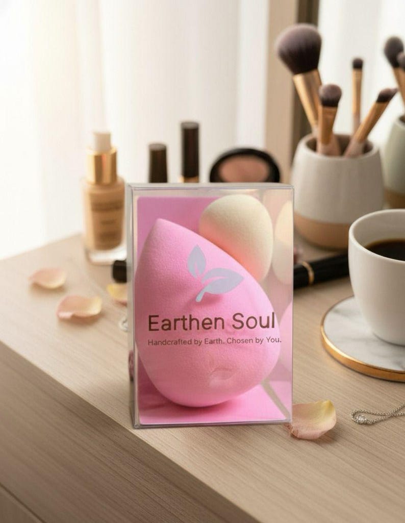 May include: A pink teardrop-shaped makeup sponge with a white leaf design and the text "Earthen Soul" in a clear plastic box. A beige egg-shaped sponge is also visible. Makeup brushes and a cup of coffee are in the background.