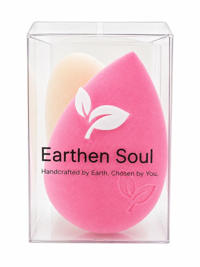 May include: A clear plastic box containing two makeup sponges. One is a bright pink teardrop shape with a white leaf design and the text "Earthen Soul". The other is a light beige oval shape.