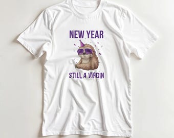 Camiseta divertida de perezoso para Año Nuevo: adorable camiseta gráfica de perezoso, divertida camiseta de animales, regalo unisex de algodón