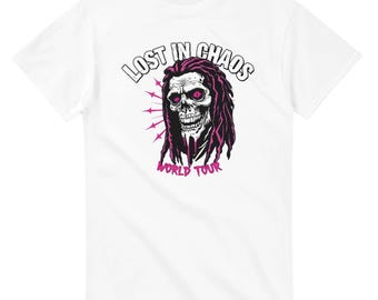 Camiseta de calavera "Lost in Chaos": camiseta urbana oscura y pesada, camiseta con estampado de calavera gótica, camiseta unisex de algodón