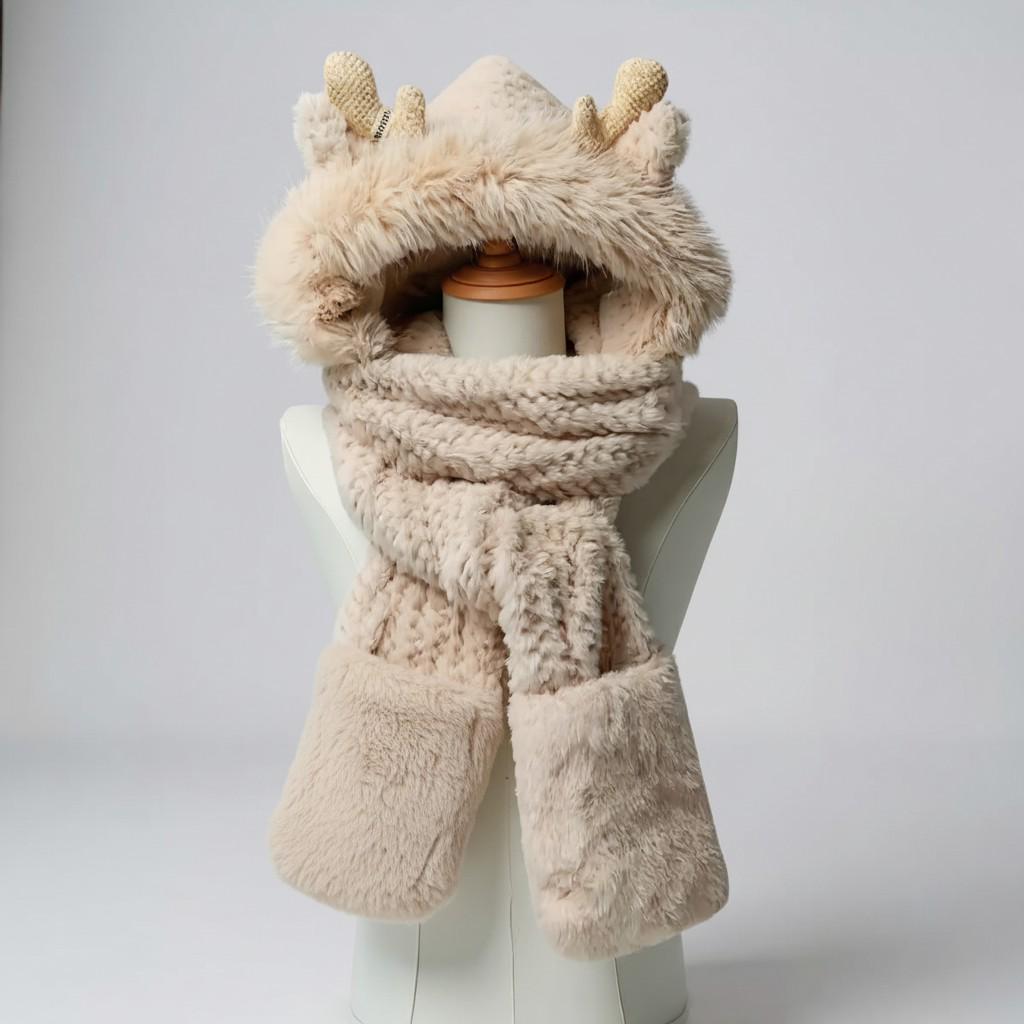 Knit Hooded Scarf With Ears, Plush Winter Scarf Hat - Etsy display picture 1