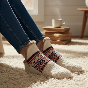 Pode incluir: Meias de pantufa de malha creme com um design estampado em vermelho, laranja e azul. As meias têm uma borda de pele sintética e são usadas com jeans azuis. Um acessório aconchegante e quente para uso em ambientes internos.