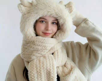 Knit Hooded Scarf with Ears, Plush Winter Scarf Hat