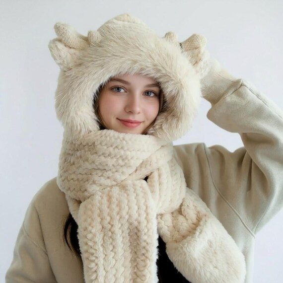 Cream Knit Hooded Scarf Hood for Women Knit Hooded Scarf Balaclava Set, 100% Wool Winter Hood  main image 4