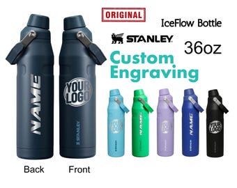 Custom Stanley 36oz IceFlow Bottle | Personalized Stainless Steel Bottle with cap holder | Laser Engraved Bottle with Angled Spout Lid
