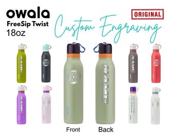 Garrafas de água personalizadas Owala FreeSip Twist de 532 ml (18 oz) | Garrafa de aço inoxidável com canudo | Garrafa gravada a laser para viagens, esportes e academia.