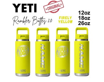 Botella de agua YETI 2.0 Rambler personalizada, color amarillo fuego, con aislamiento al vacío y grabado láser, de acero inoxidable con tapa.