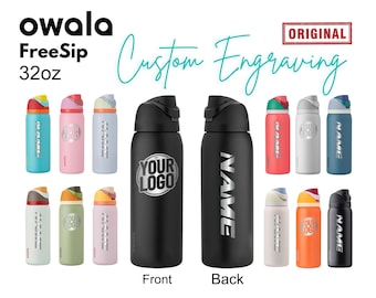 Botellas de agua aisladas Owala FreeSip de 32 oz / Botella sin BPA grabada con láser / Botella de acero inoxidable personalizada con pajita para deportes.