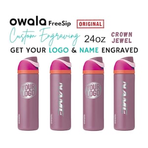 May include: Four Owala FreeSip water bottles in a row, each with a unique design. The bottles are a muted purple with a pink and orange lid. The text "YOUR LOGO" and "NAME" are engraved on the bottles. The text "Custom Engraving" is also visible.