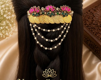Lotus Coin Bridal Hair Pin, Gold Tone Temple Style Floral Hair Jewelry
