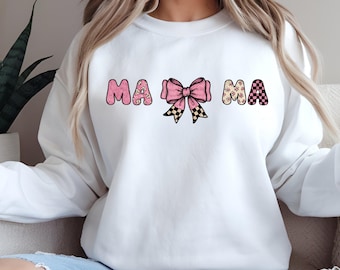 Camisa con lazo de Coquette Mama, sudadera con capucha MA con estampado floral a cuadros rosas, camiseta gráfica moderna y femenina para el Día de la Madre, un bonito regalo para mamá.
